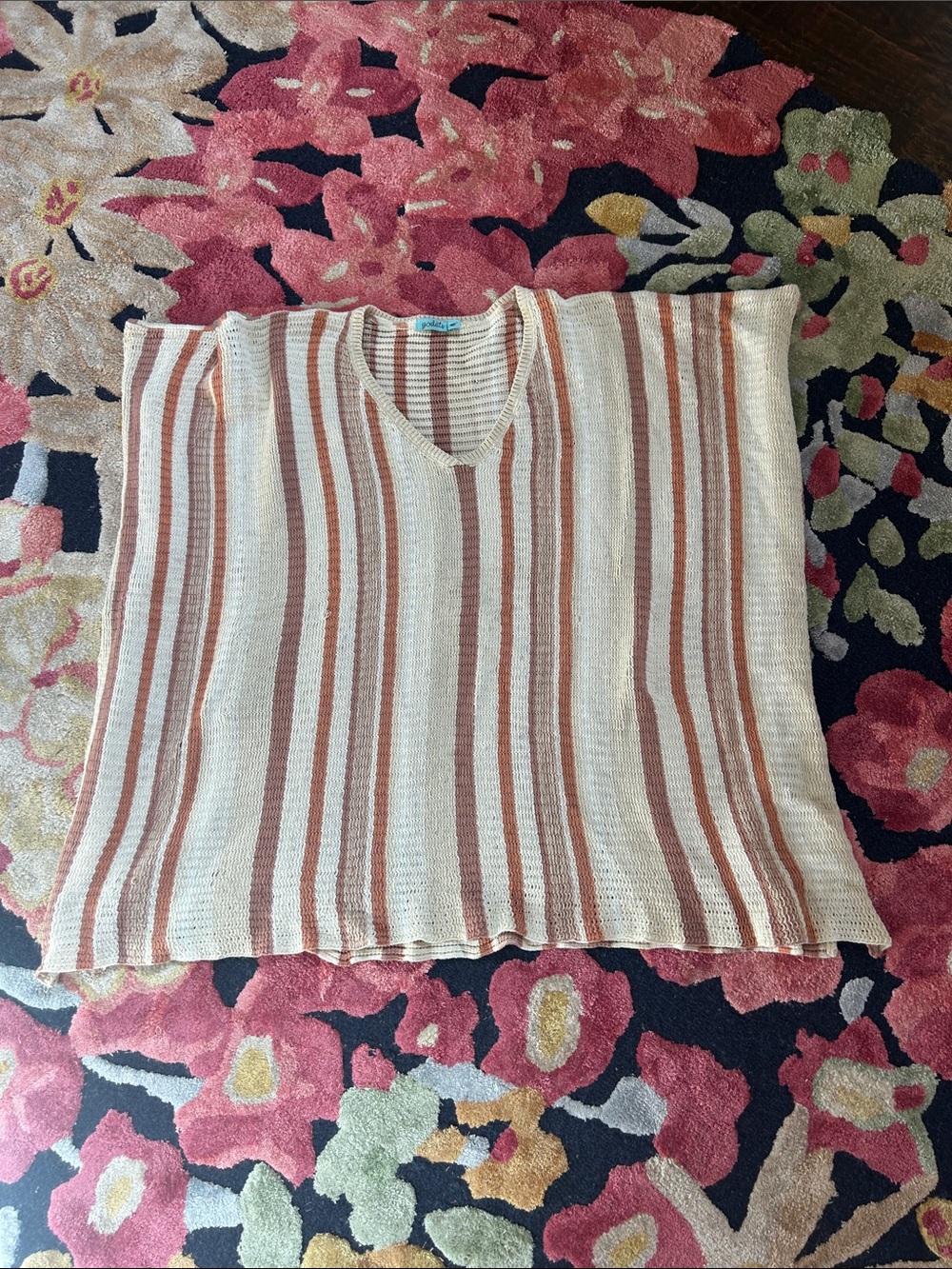 Goddis Lightweight Striped V-Neck Knit Poncho Top - Cream & Rust
